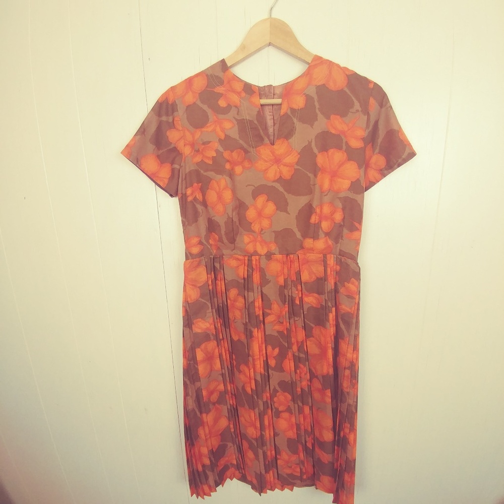 Vintage Homemade Brown and Floral Pleated Dress